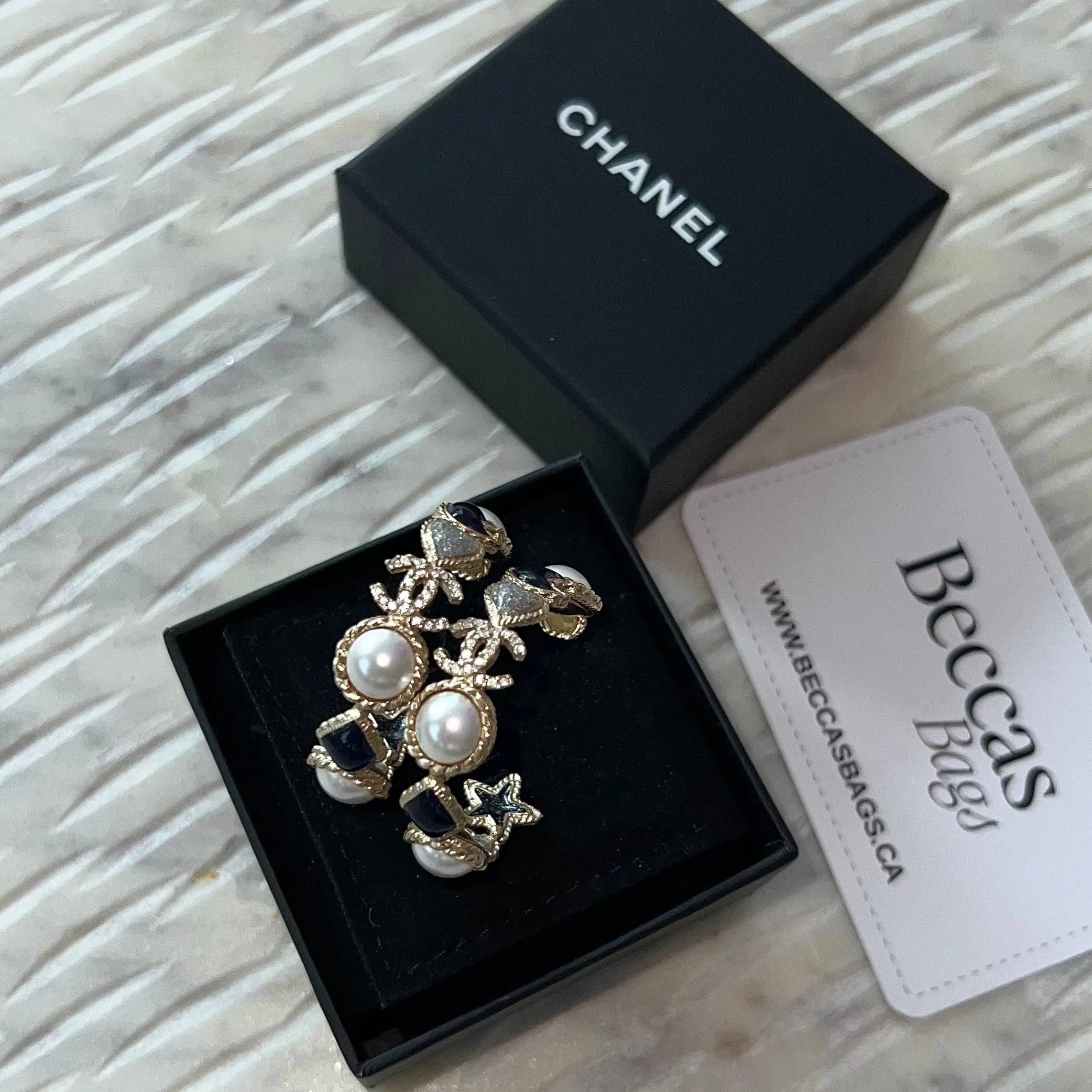 Chanel Faux Pearl & Enamel Moon Heart CC Hoop Earrings