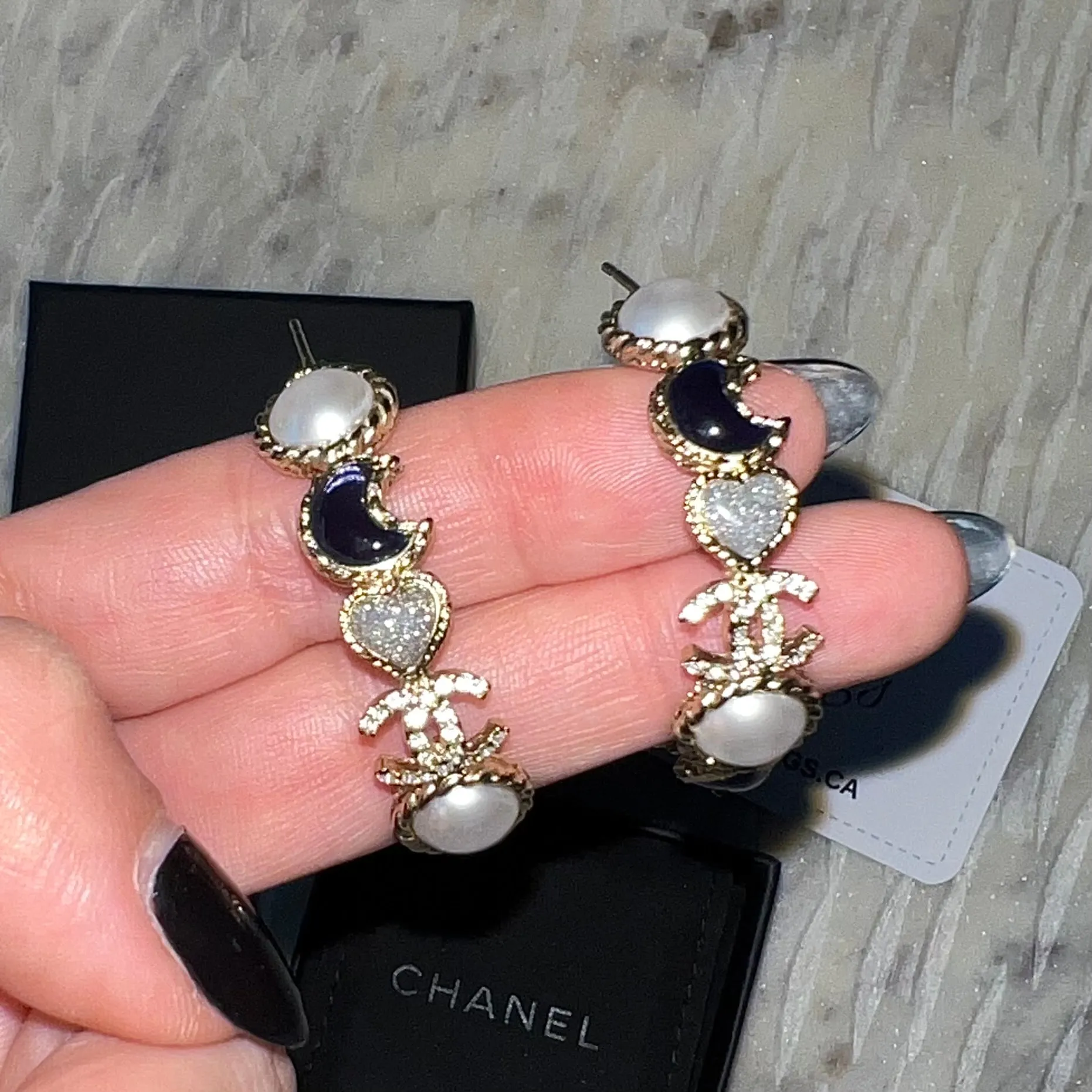 Chanel Faux Pearl & Enamel Moon Heart CC Hoop Earrings