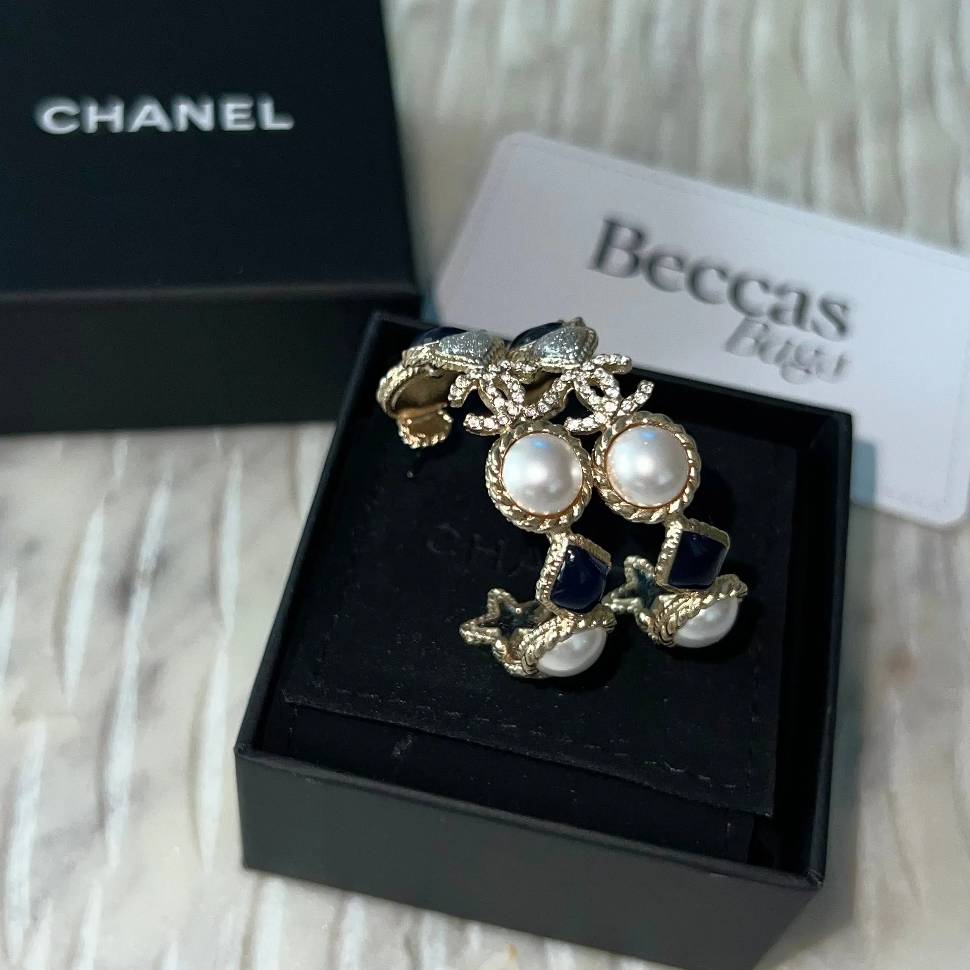 Chanel Faux Pearl & Enamel Moon Heart CC Hoop Earrings