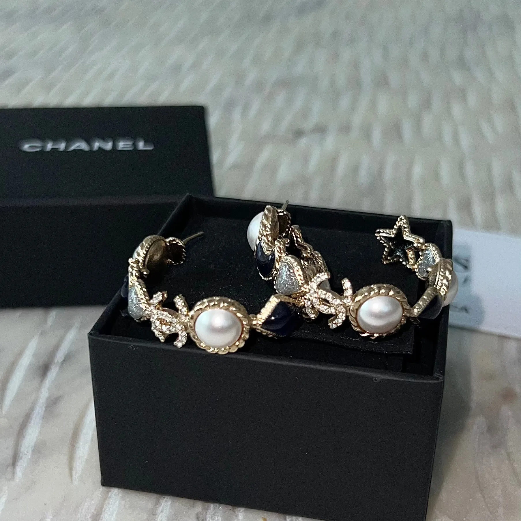 Chanel Faux Pearl & Enamel Moon Heart CC Hoop Earrings