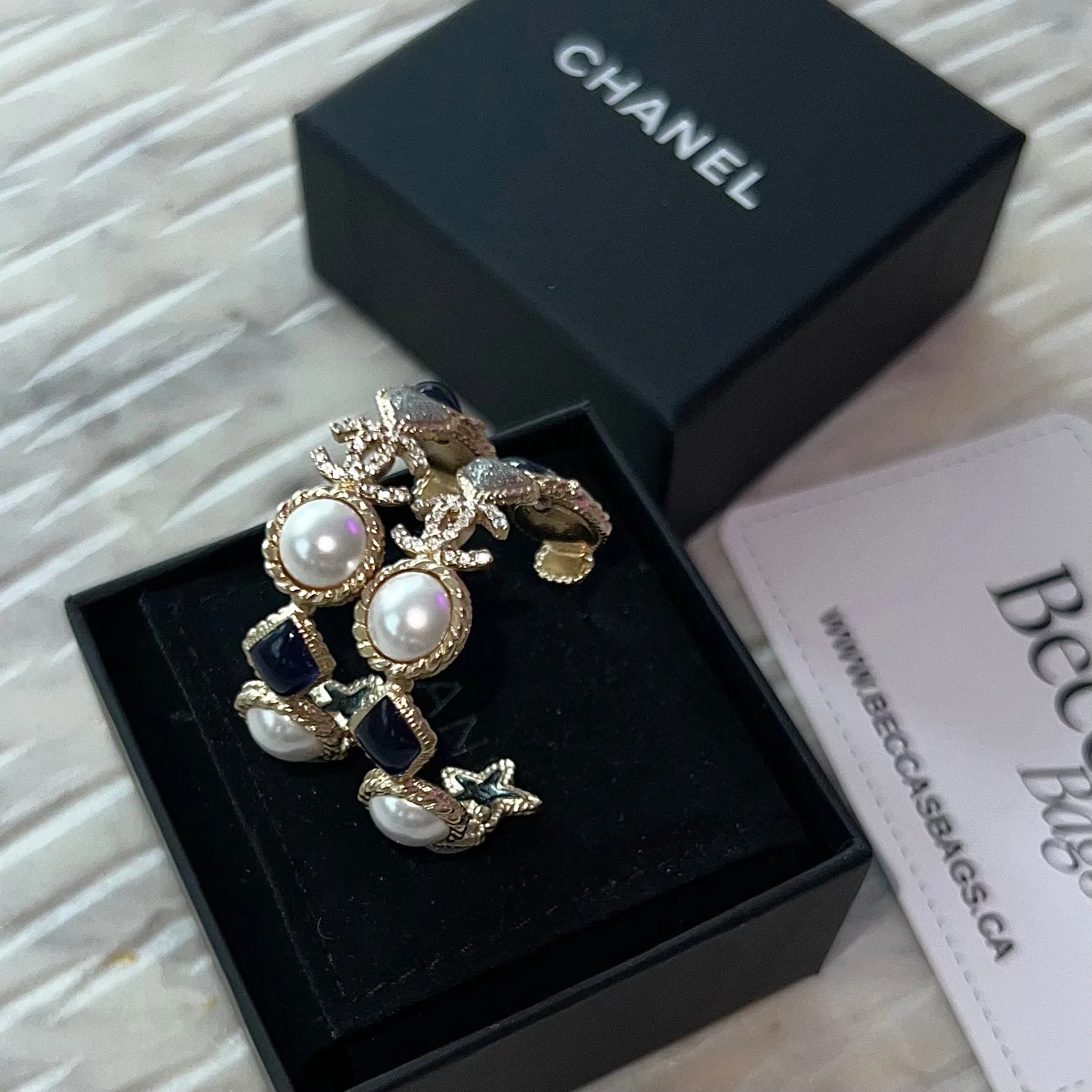 Chanel Faux Pearl & Enamel Moon Heart CC Hoop Earrings