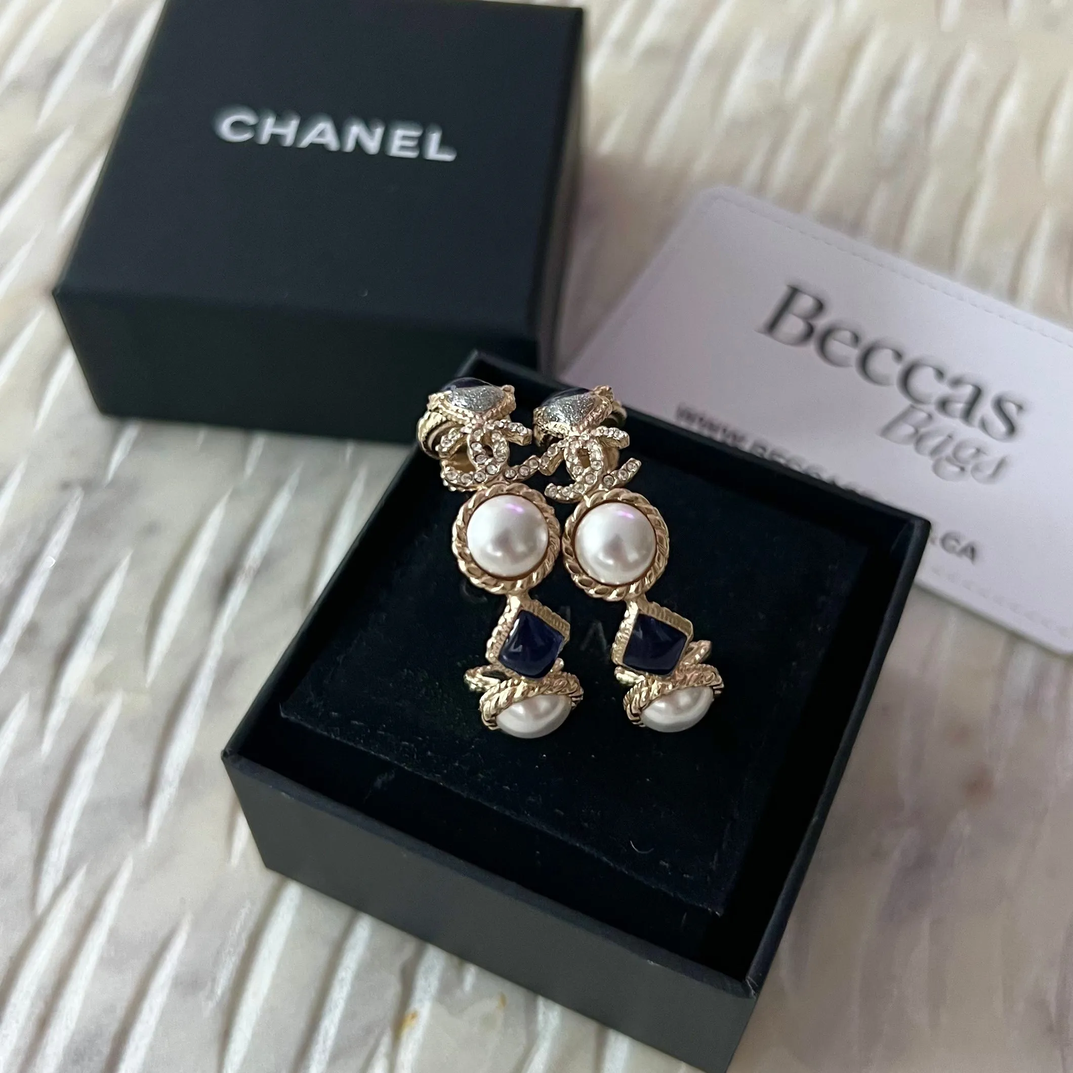 Chanel Faux Pearl & Enamel Moon Heart CC Hoop Earrings