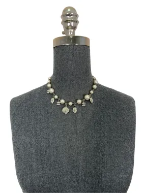 CHANEL Faux Pearl Crystal Camellia Charm Necklace