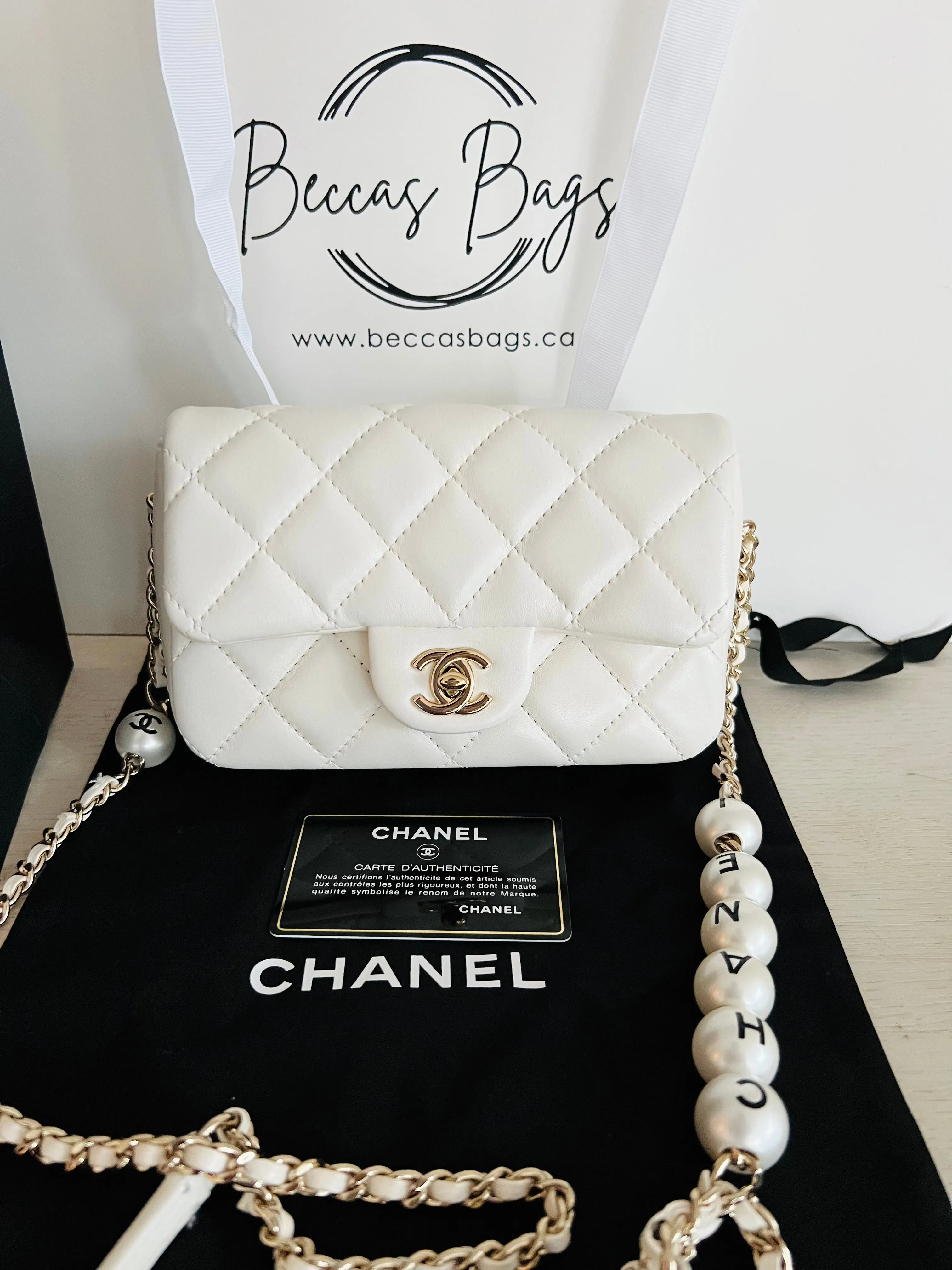 Chanel Logo Pearl Chain Bag