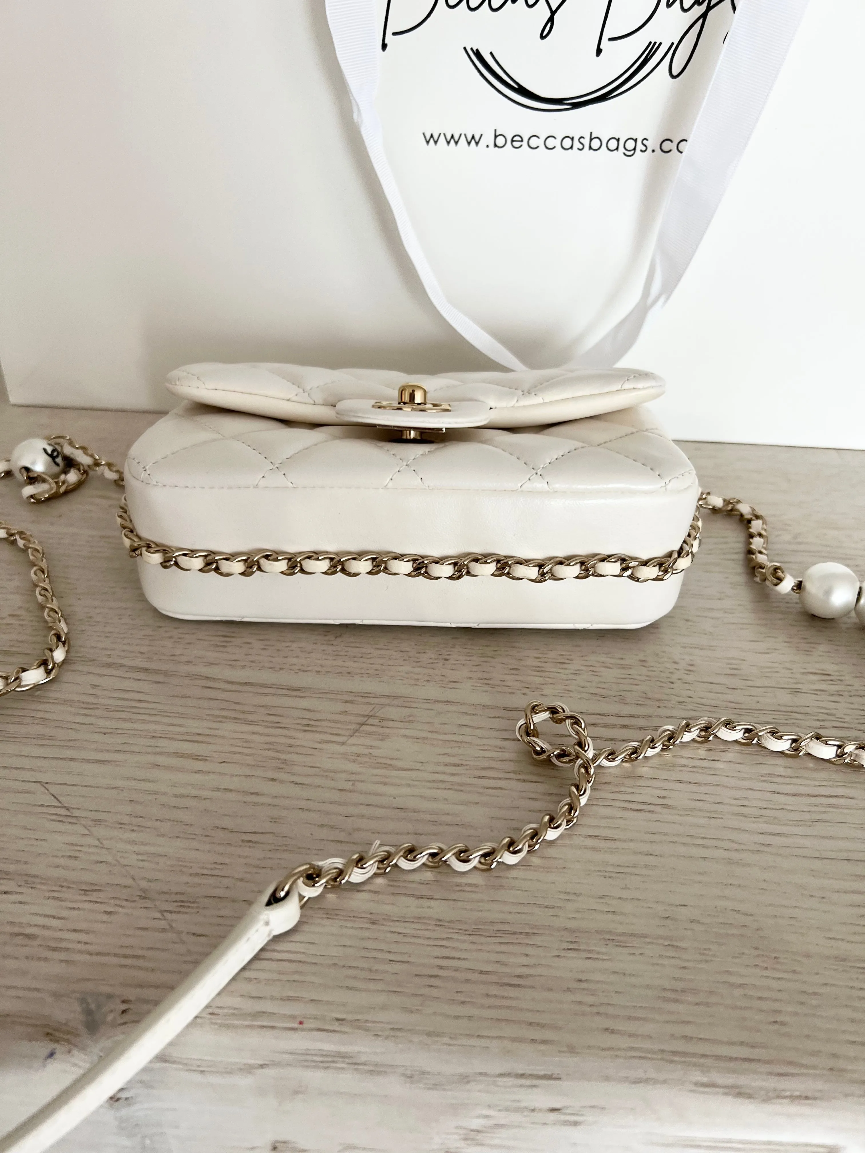 Chanel Logo Pearl Chain Bag