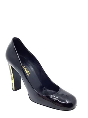 Chanel Patent Leather Metal Logo Heel Pumps Size 7.5