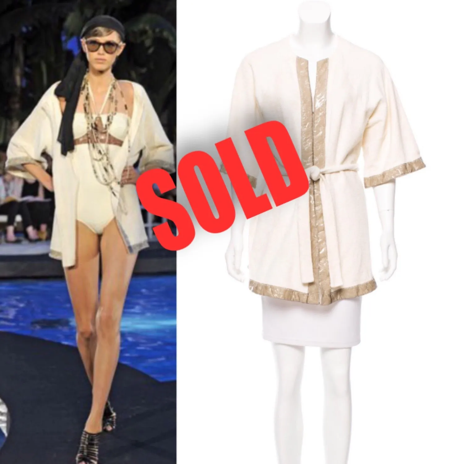 Chanel Swim Robe Ivory Metallic terrycloth Cotton Gold CC Logos 09C Cruise Resort FR 36 US 4/6/8