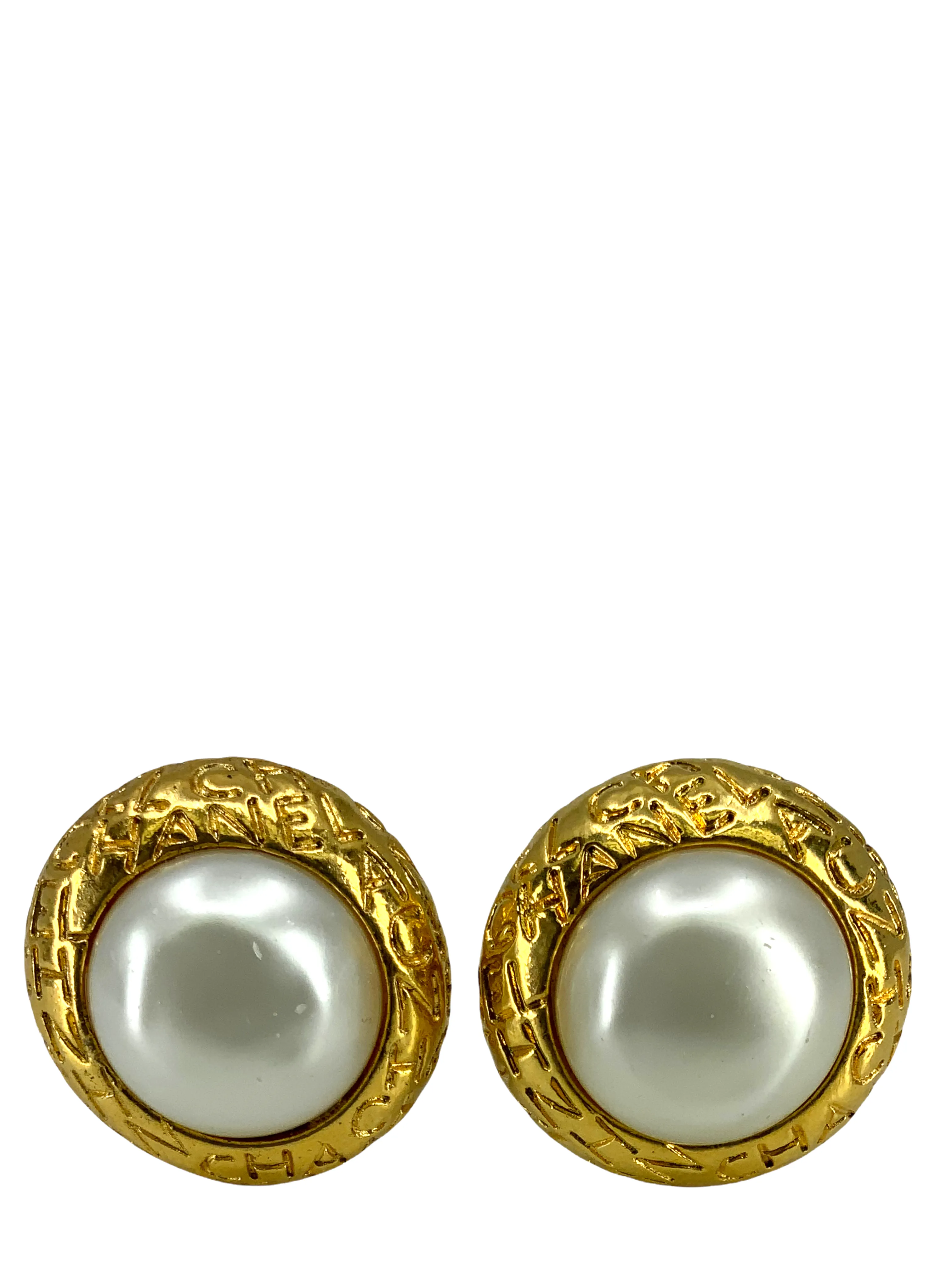 Chanel Vintage Gold Logo Pearl Clip-On Earrings