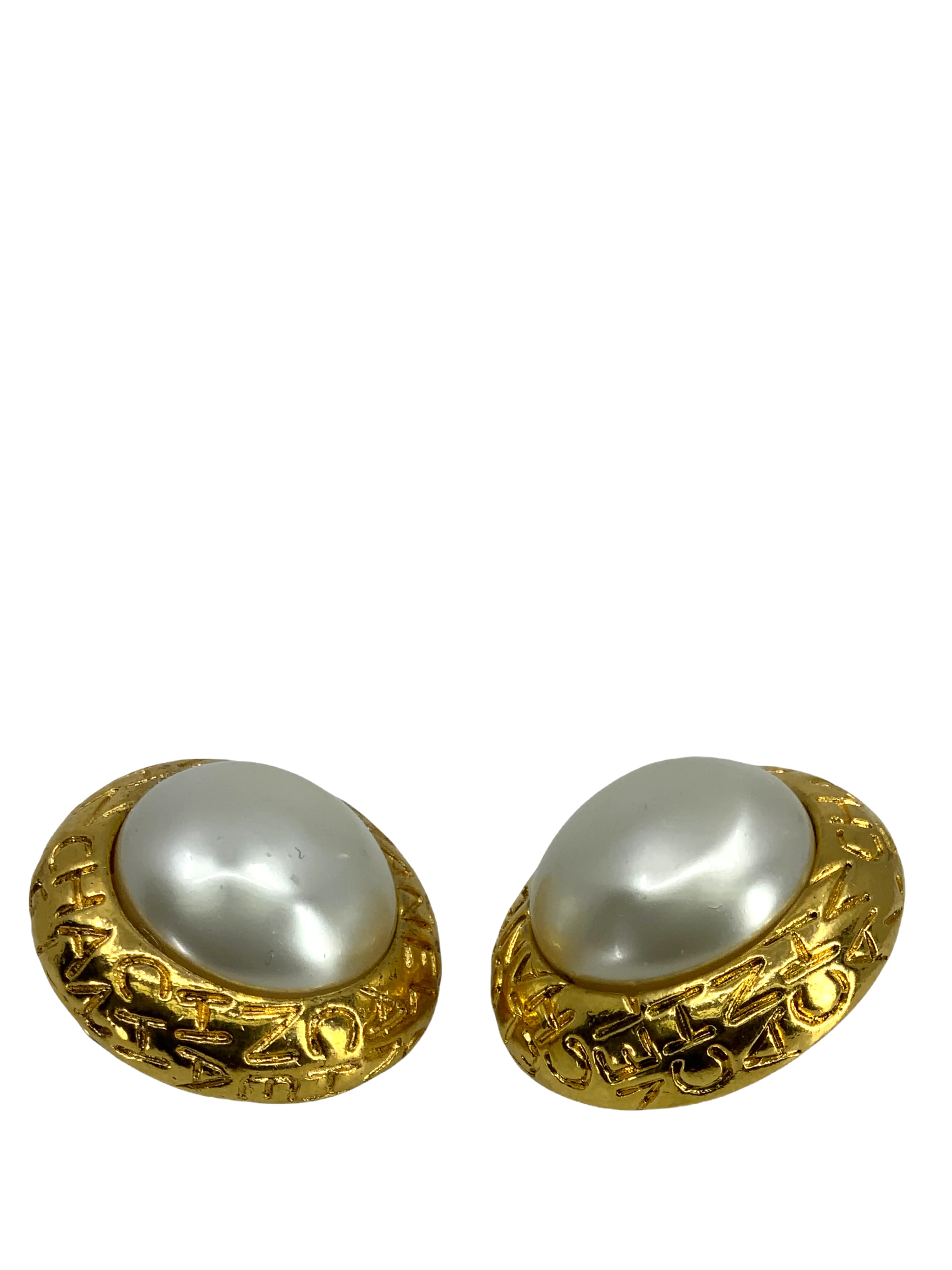 Chanel Vintage Gold Logo Pearl Clip-On Earrings