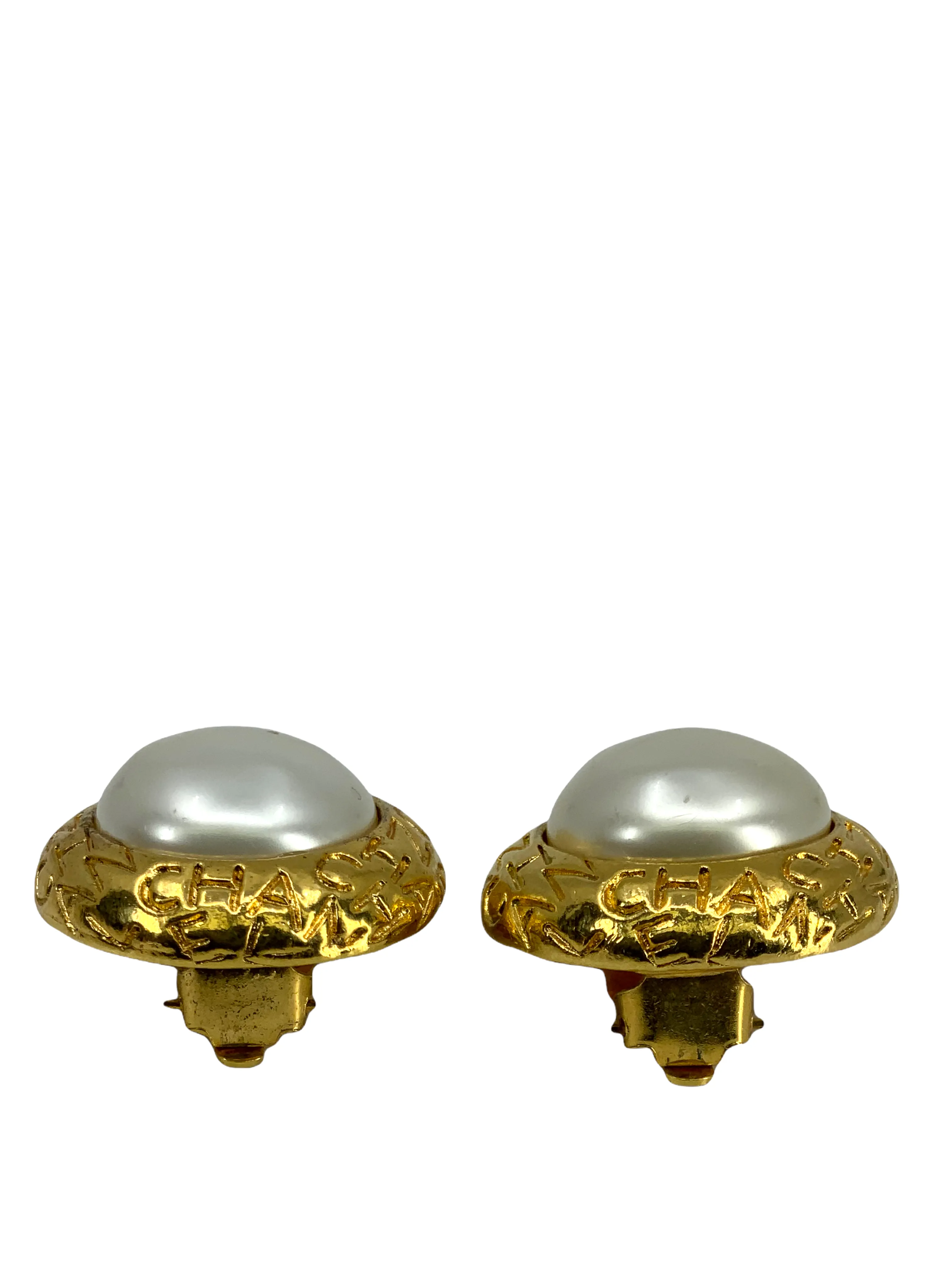 Chanel Vintage Gold Logo Pearl Clip-On Earrings