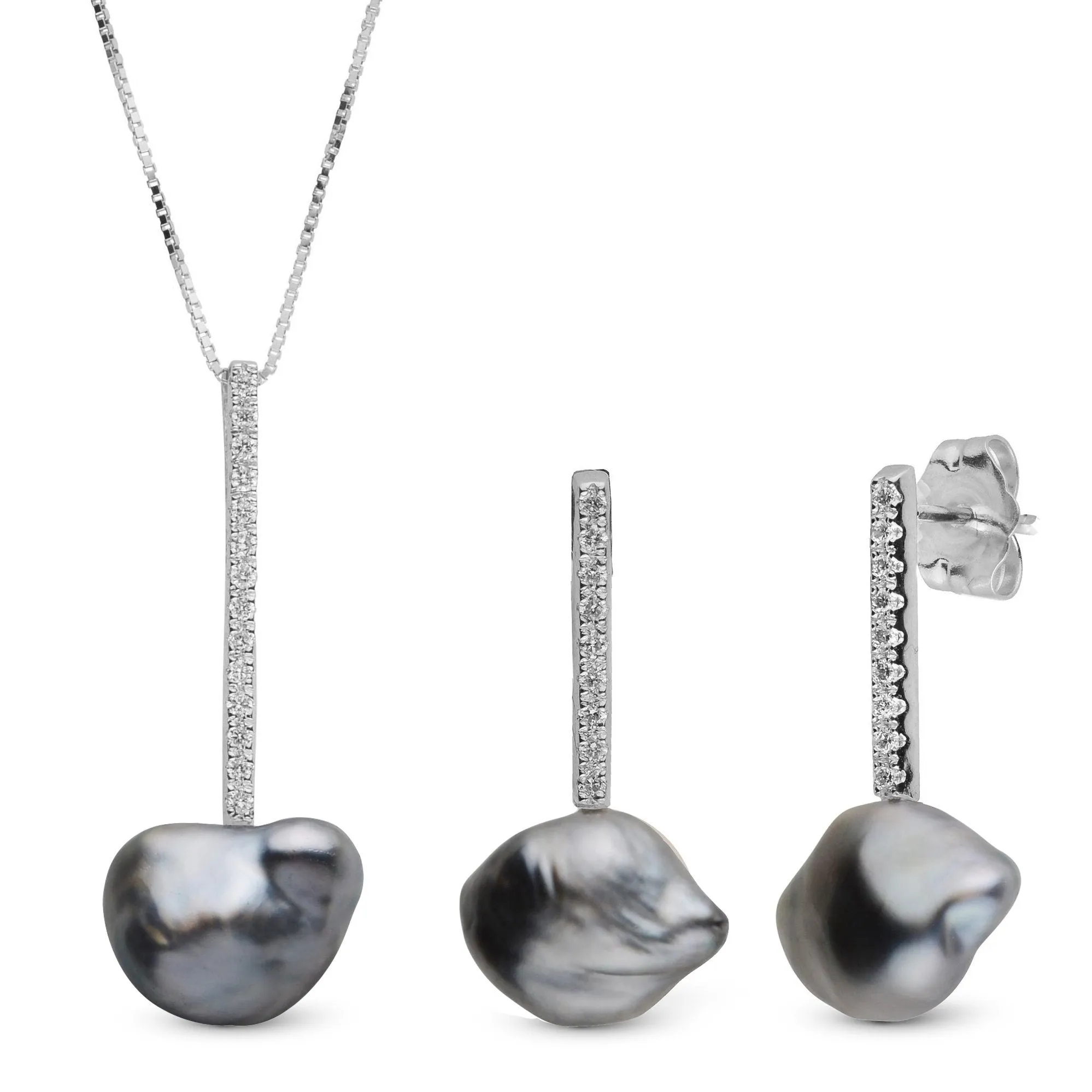 Diamond Bar Collection Tahitian Keshi Pearl Pendant & Earrings Set