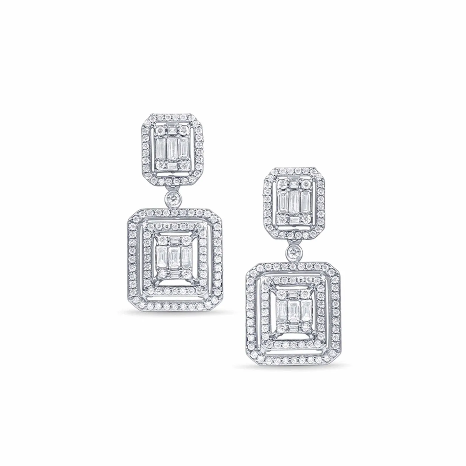 Double Baguette Diamond Halo Drop Earrings in Solid 18k White Gold