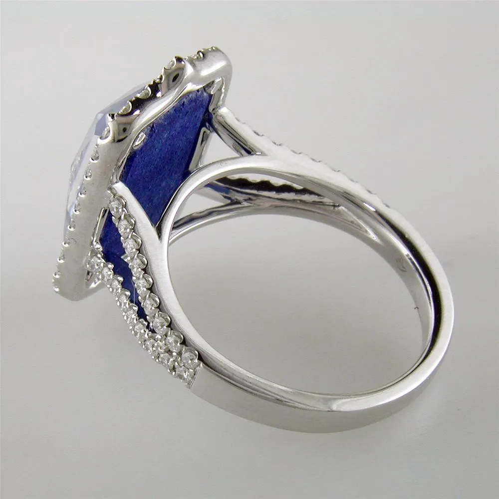 Doves Ivory Sky Blue Lapis, Mother of Pearl, & Topaz Diamond Halo Rectangular Ring