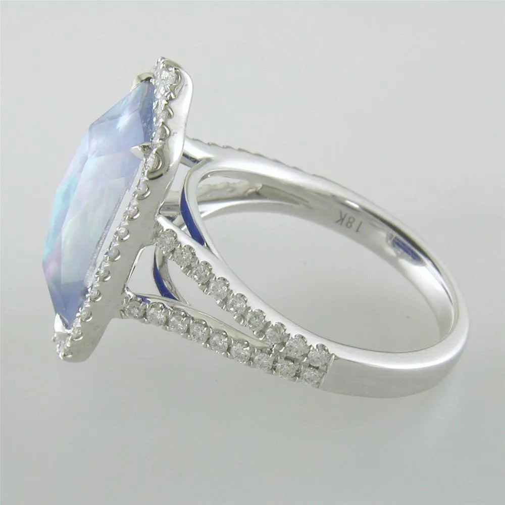 Doves Ivory Sky Blue Lapis, Mother of Pearl, & Topaz Diamond Halo Rectangular Ring