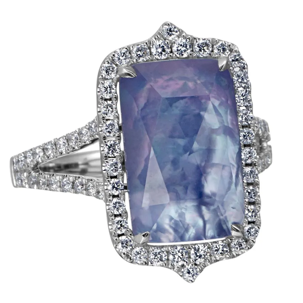 Doves Ivory Sky Blue Lapis, Mother of Pearl, & Topaz Diamond Halo Rectangular Ring