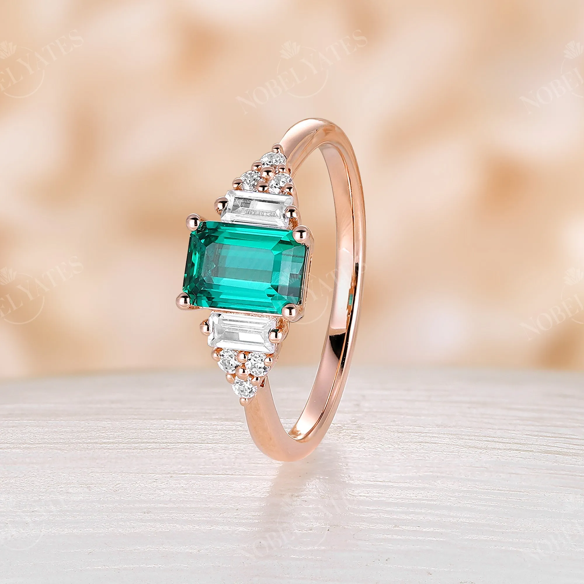 Emerald cut Lab Emerald Cluster Diamond Engagement Ring Rose Gold