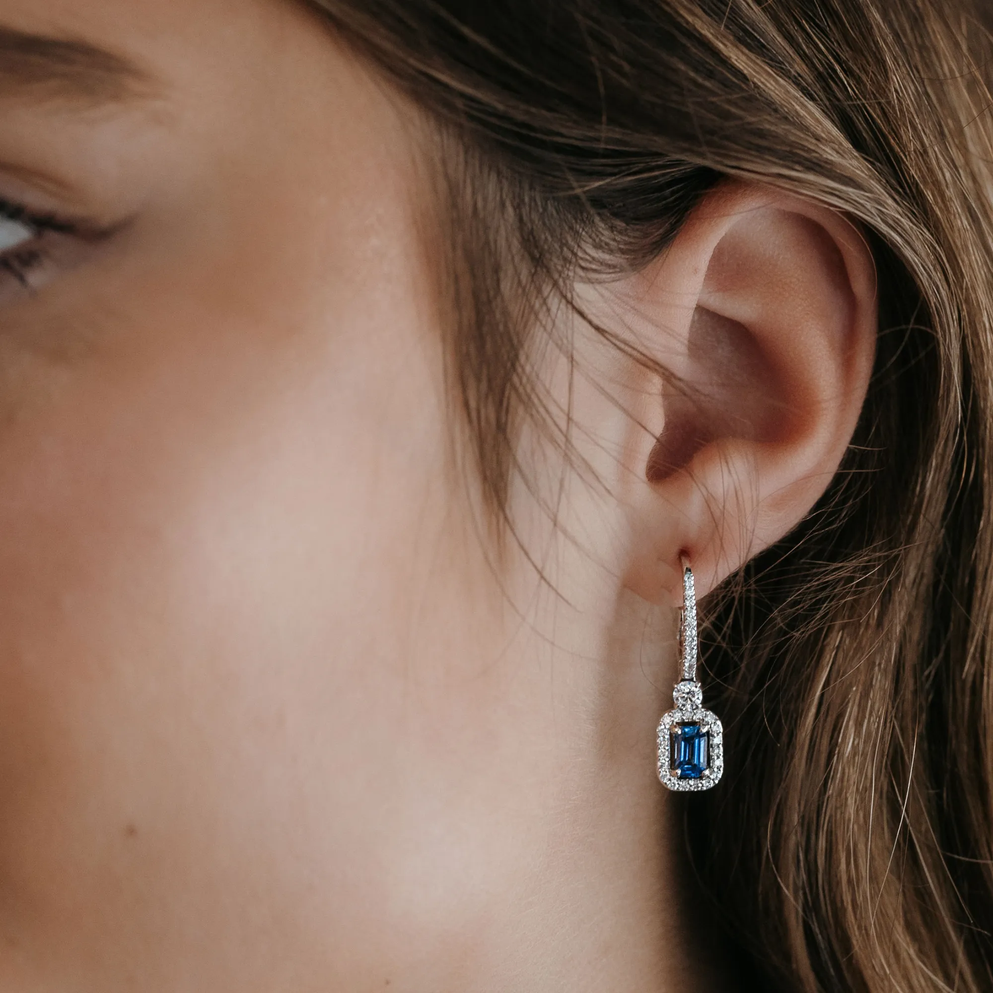 Emerald Cut Sapphire & Diamond Dangle Earring