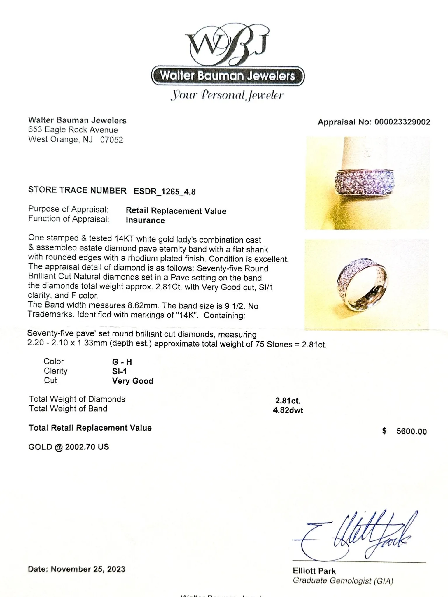 Estate 14K W Gold 2.81cttw G-H/SI1 Diamond Eternity Ring