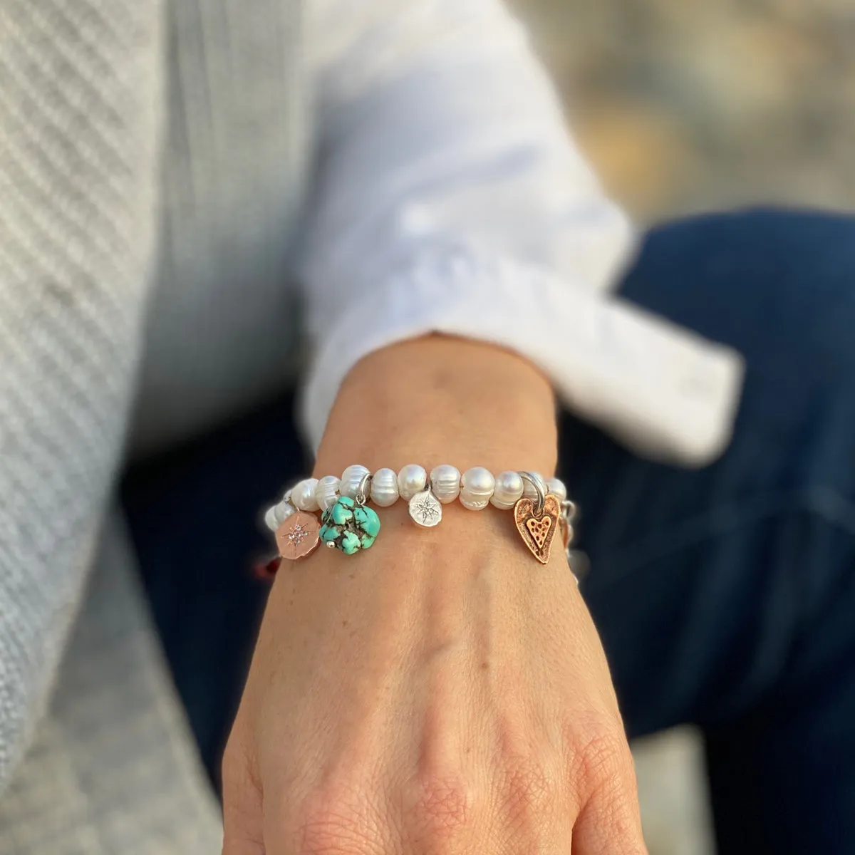 Find Your True North Pearl Bracelet with Silver, Gold, Brass and Rose Gold Charms - Petite Version