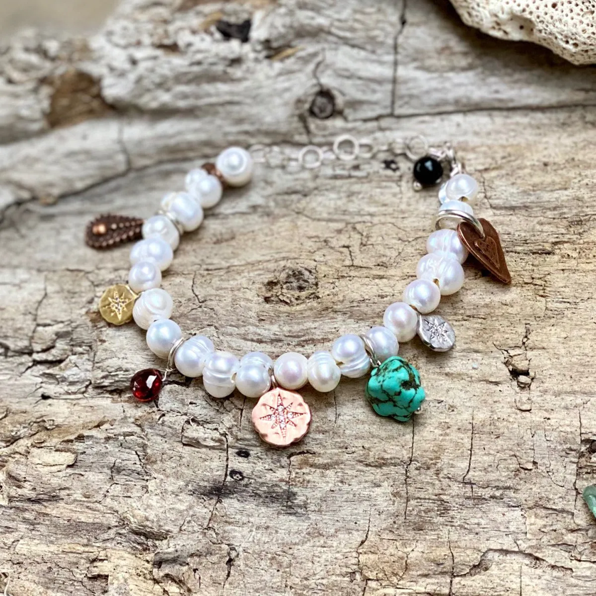 Find Your True North Pearl Bracelet with Silver, Gold, Brass and Rose Gold Charms - Petite Version