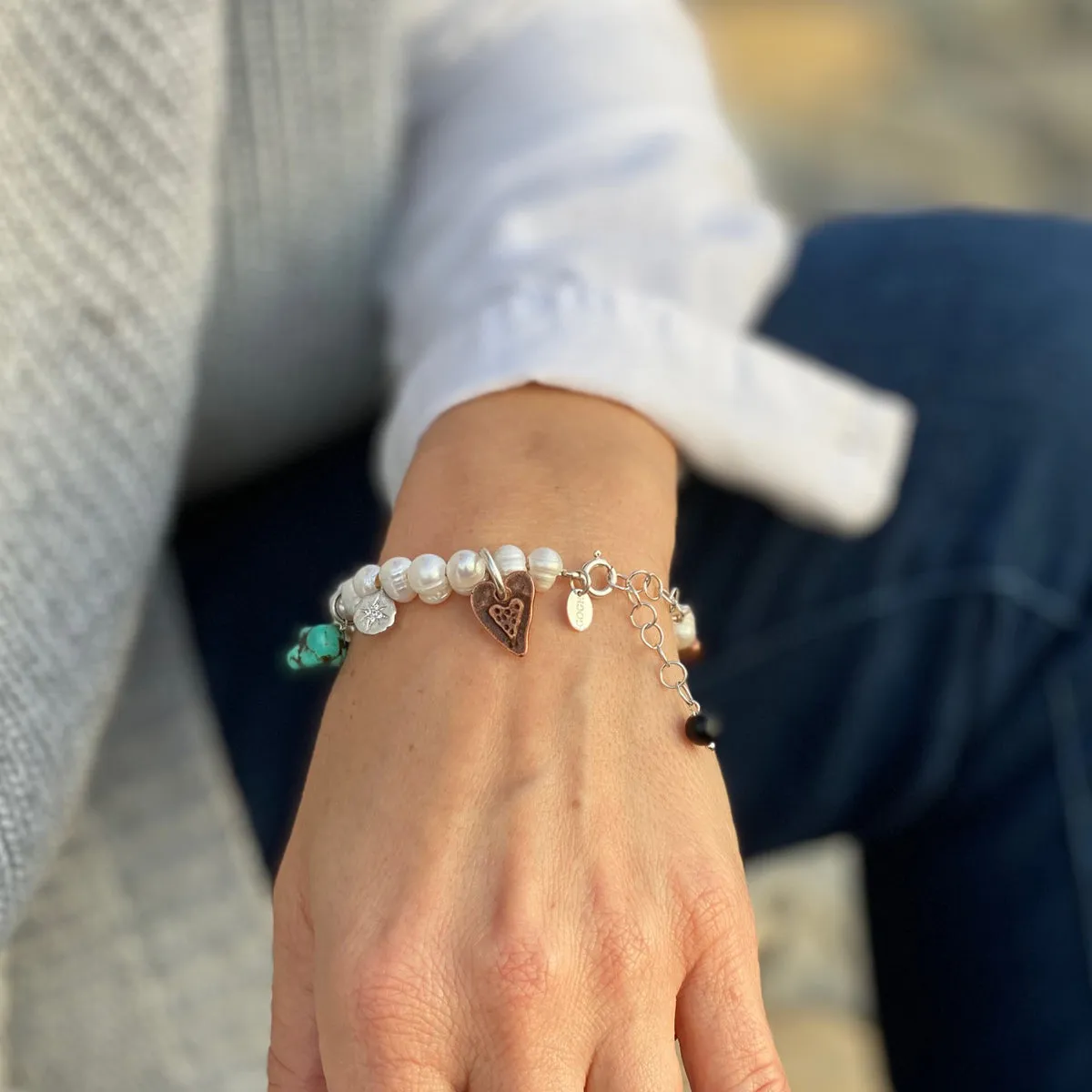 Find Your True North Pearl Bracelet with Silver, Gold, Brass and Rose Gold Charms - Petite Version