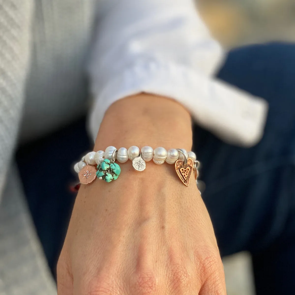 Find Your True North Pearl Bracelet with Silver, Gold, Brass and Rose Gold Charms - Petite Version