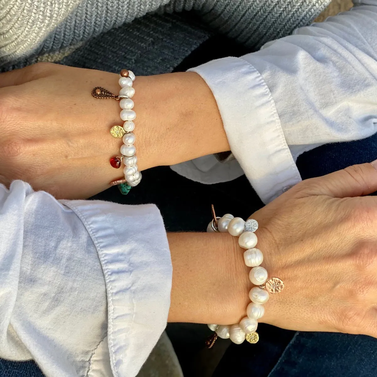 Find Your True North Pearl Bracelet with Silver, Gold, Brass and Rose Gold Charms - Petite Version