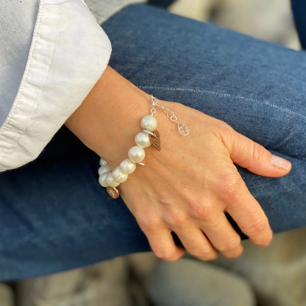 Find Your True North Pearl Bracelet with Silver, Gold, Brass and Rose Gold Charms