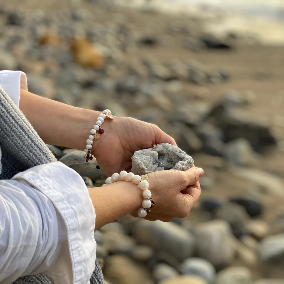 Find Your True North Pearl Bracelet with Silver, Gold, Brass and Rose Gold Charms