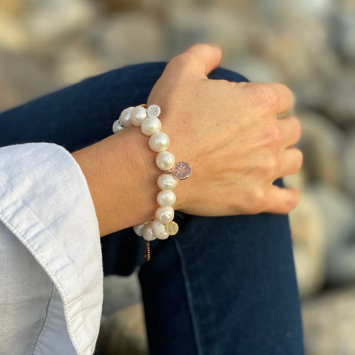 Find Your True North Pearl Bracelet with Silver, Gold, Brass and Rose Gold Charms