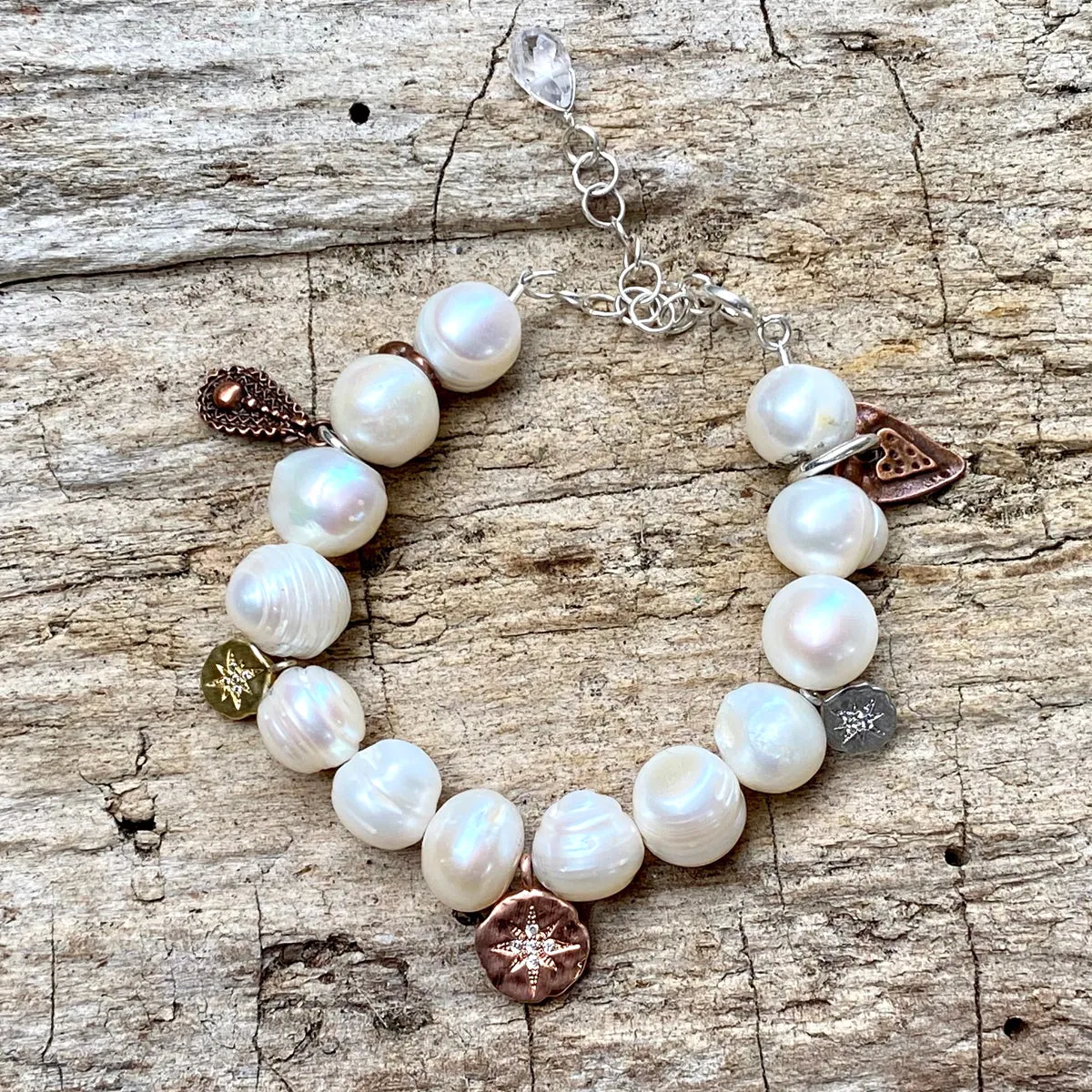 Find Your True North Pearl Bracelet with Silver, Gold, Brass and Rose Gold Charms