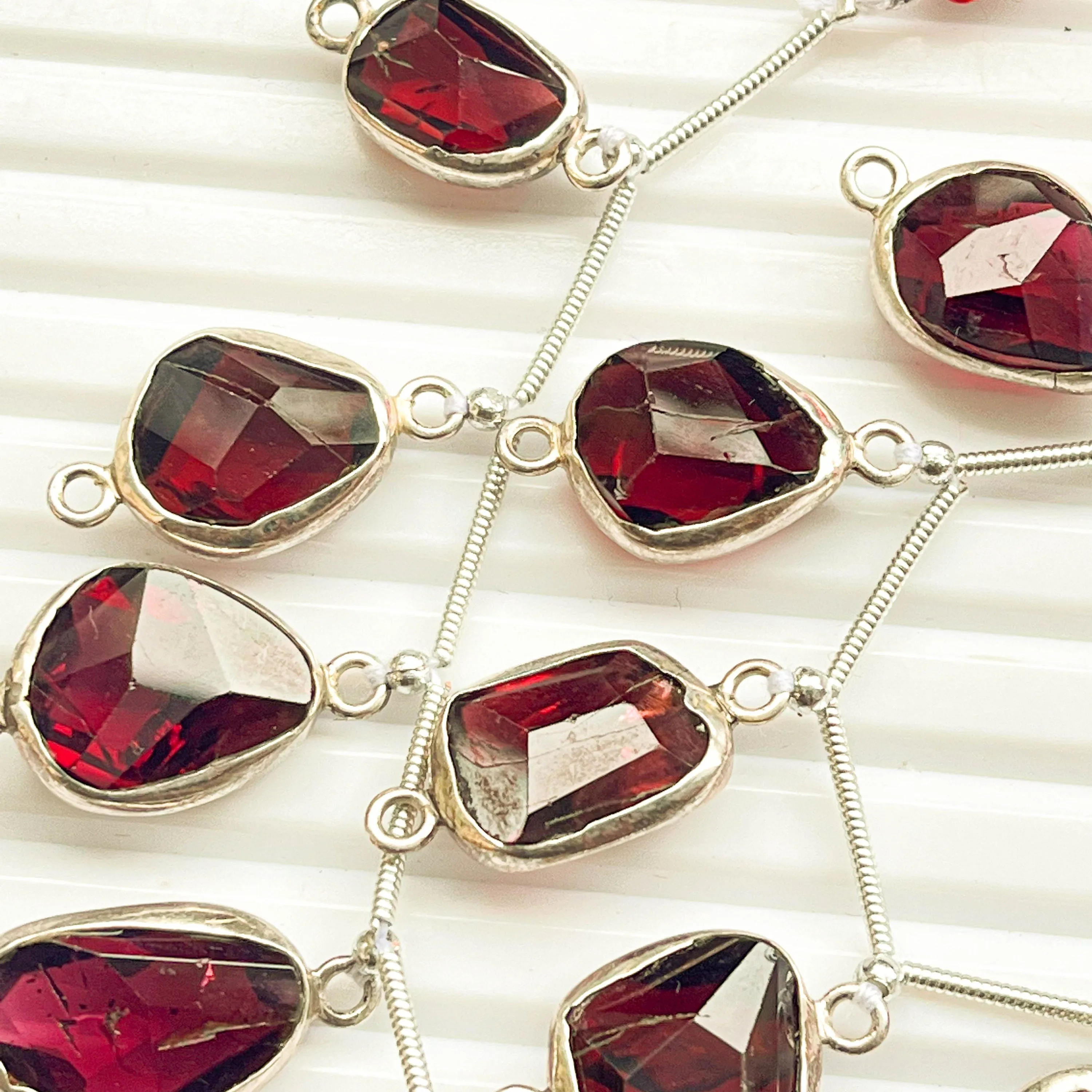 Garnet uneven faceted tumble 925 Silver bezel set Connectors for Jewelry making