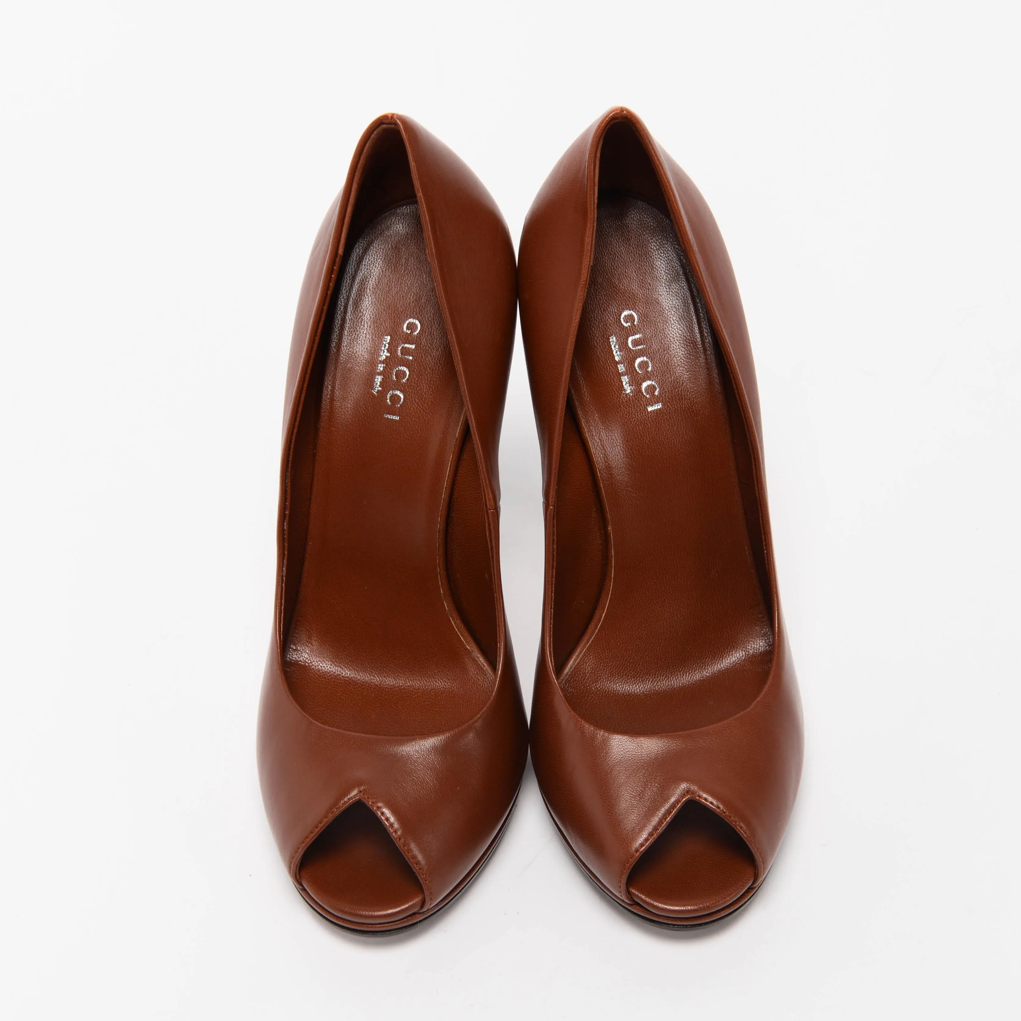 Gucci Tan Nappa Horsebit Heel Peep Toe Pumps 36.5