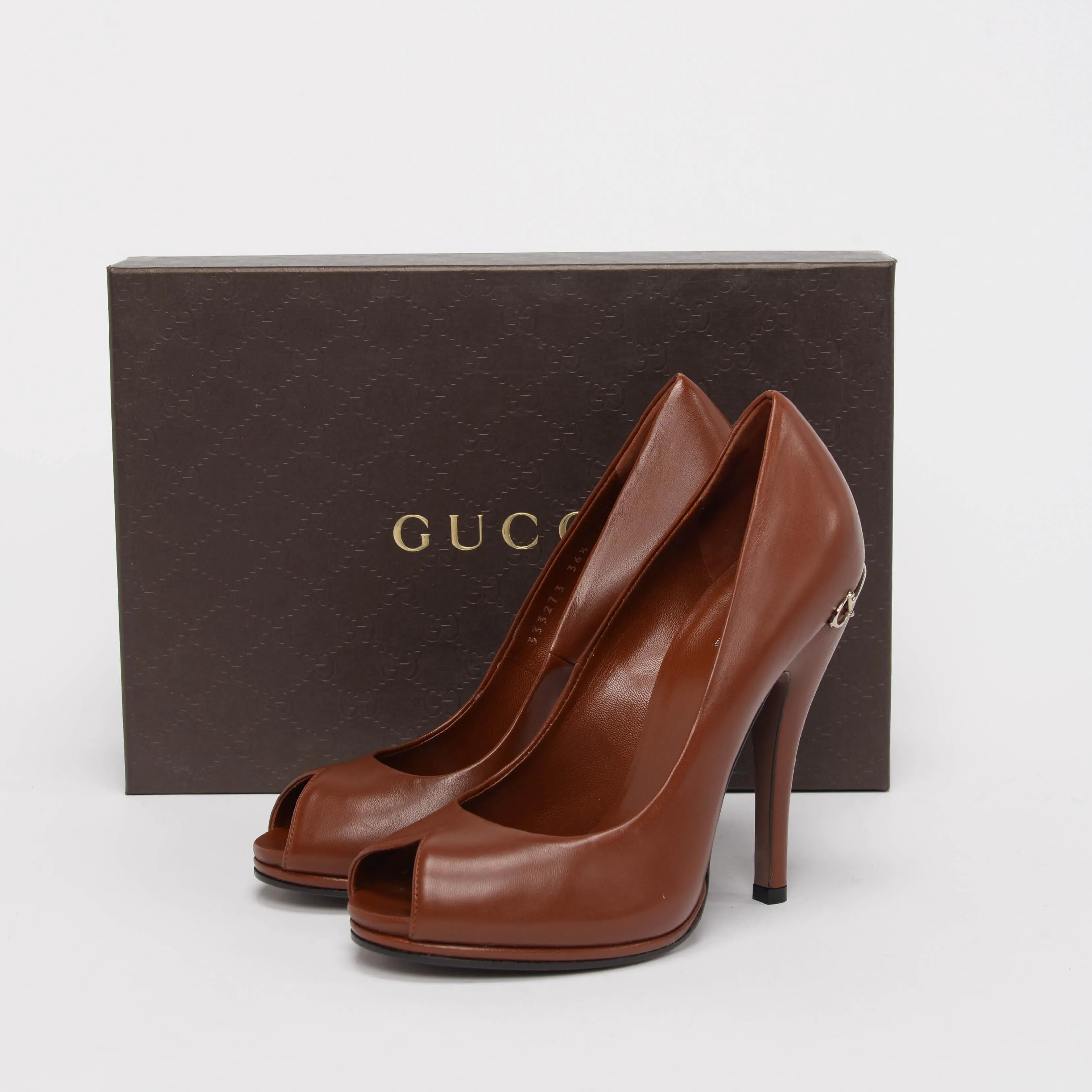 Gucci Tan Nappa Horsebit Heel Peep Toe Pumps 36.5