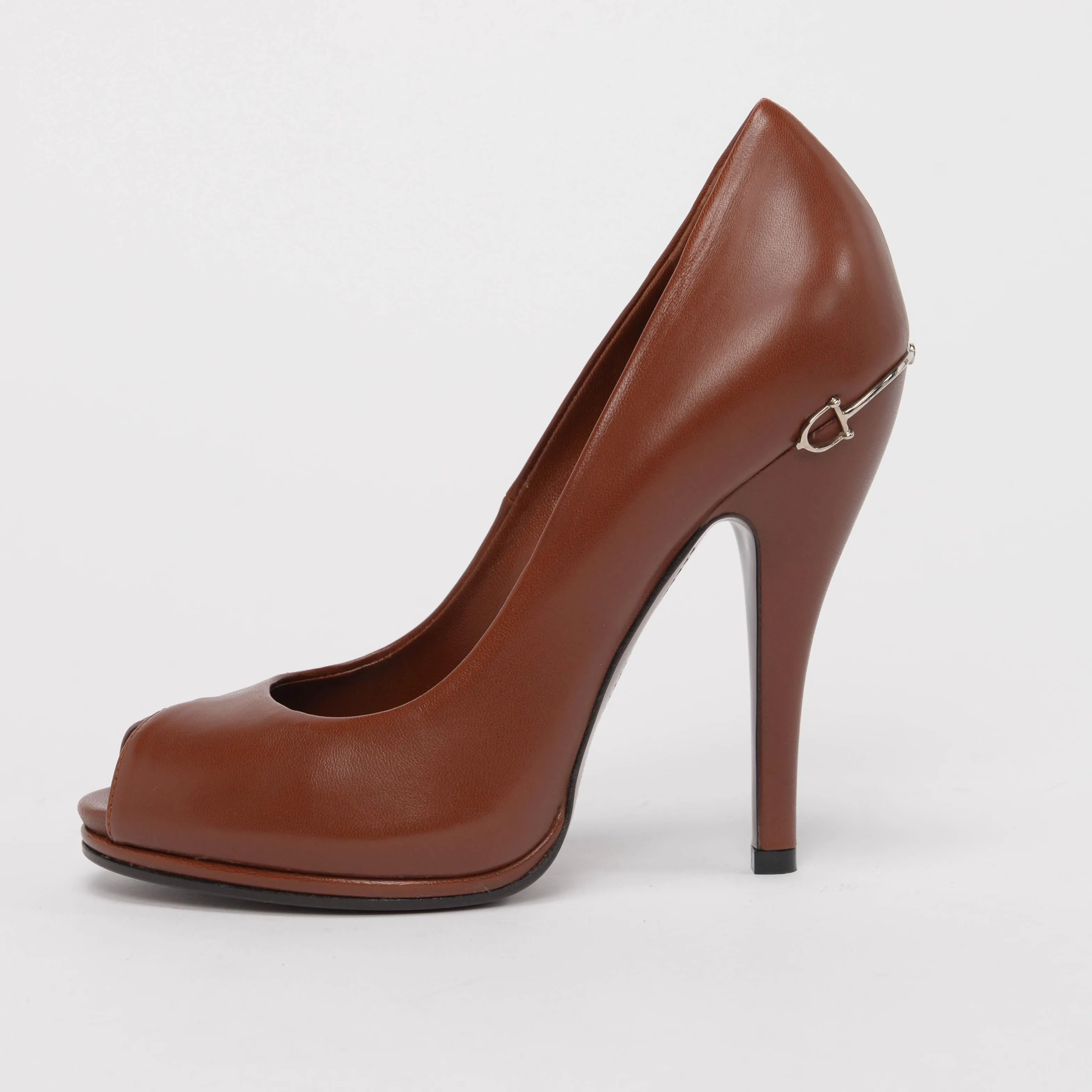 Gucci Tan Nappa Horsebit Heel Peep Toe Pumps 36.5