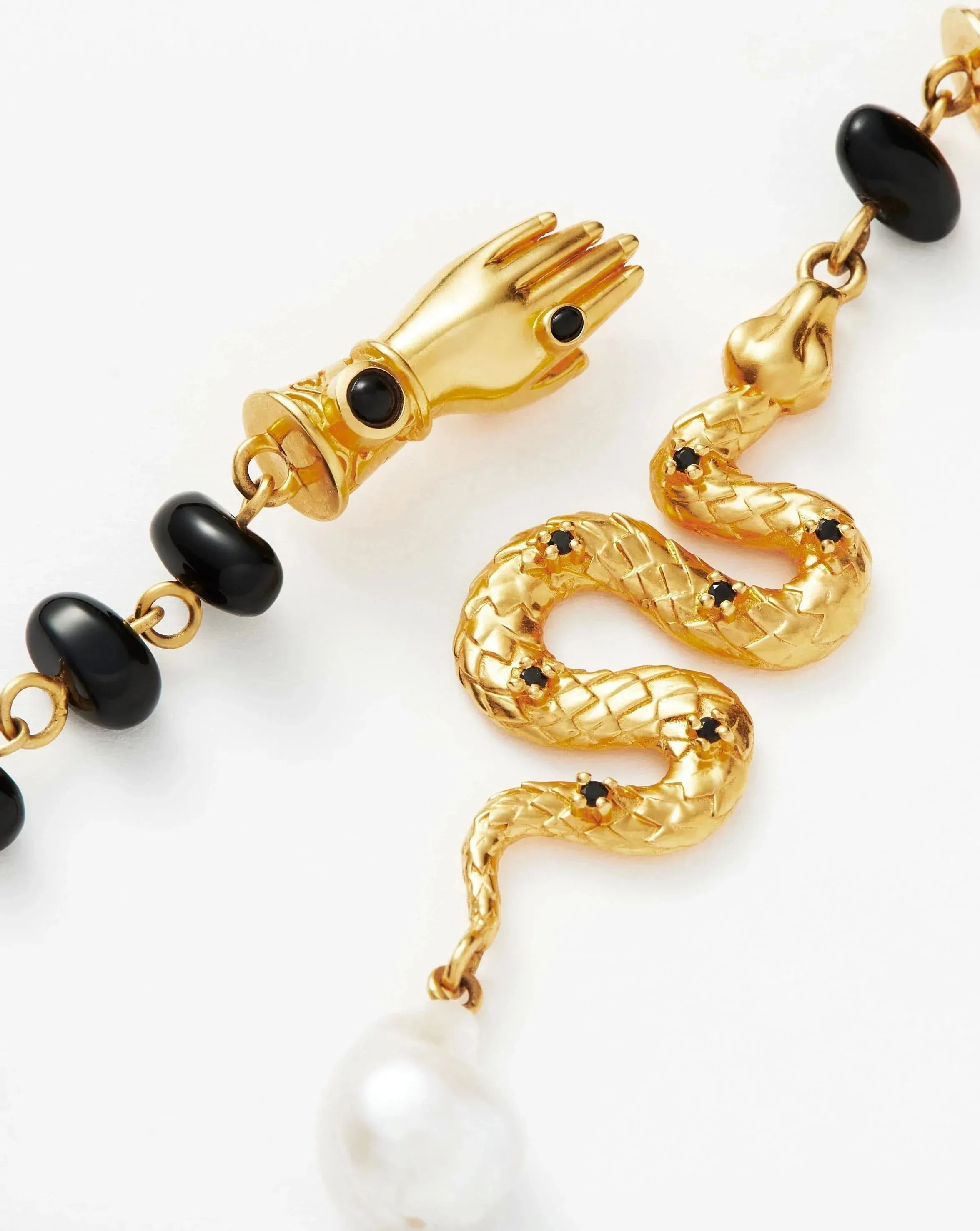 Harris Reed Handpicked Serpent Mismatch Earrings | 18ct Gold Plated/Pearl & Black Onyx