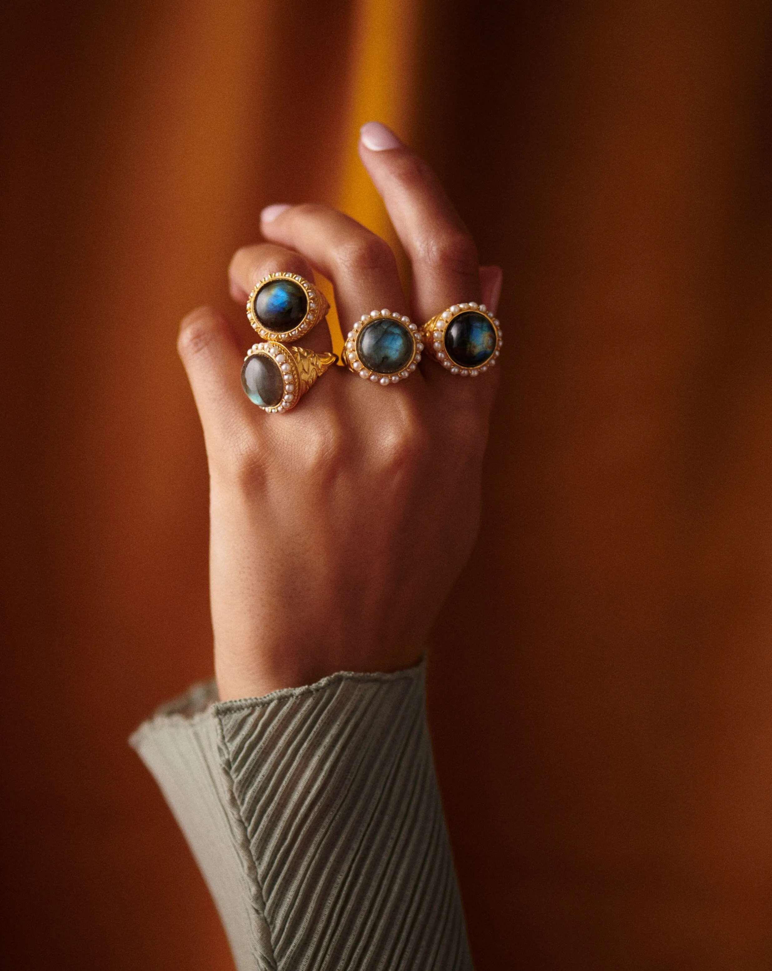 Harris Reed Labradorite Cocktail Ring | 18ct Gold Plated/Pearl & Labradorite Rings