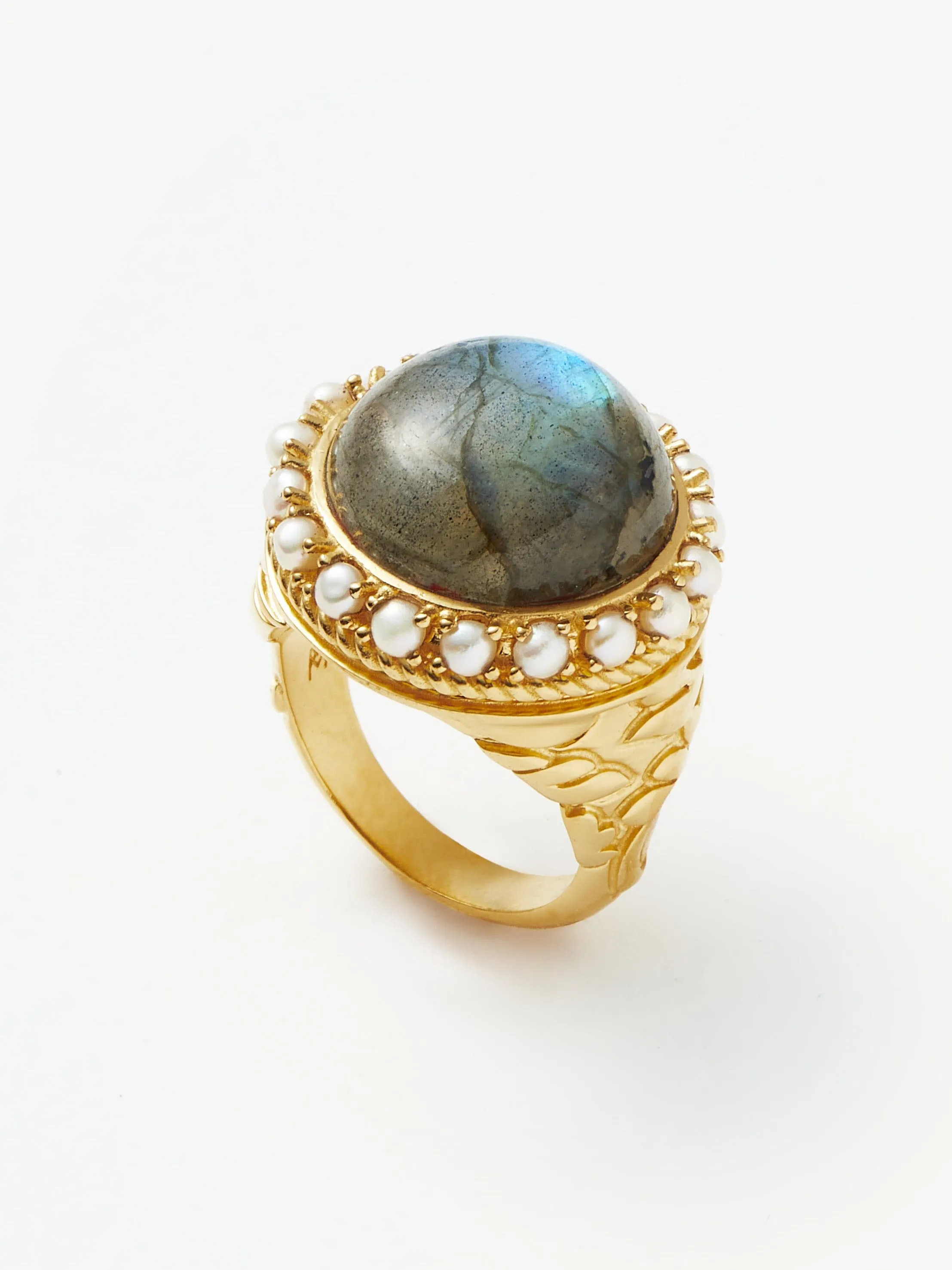 Harris Reed Labradorite Cocktail Ring | 18ct Gold Plated/Pearl & Labradorite Rings