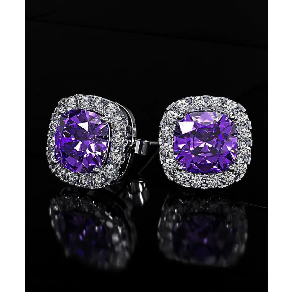 Iridescent Amethyst Gemstone Princess Halo Cut Stud Earring With