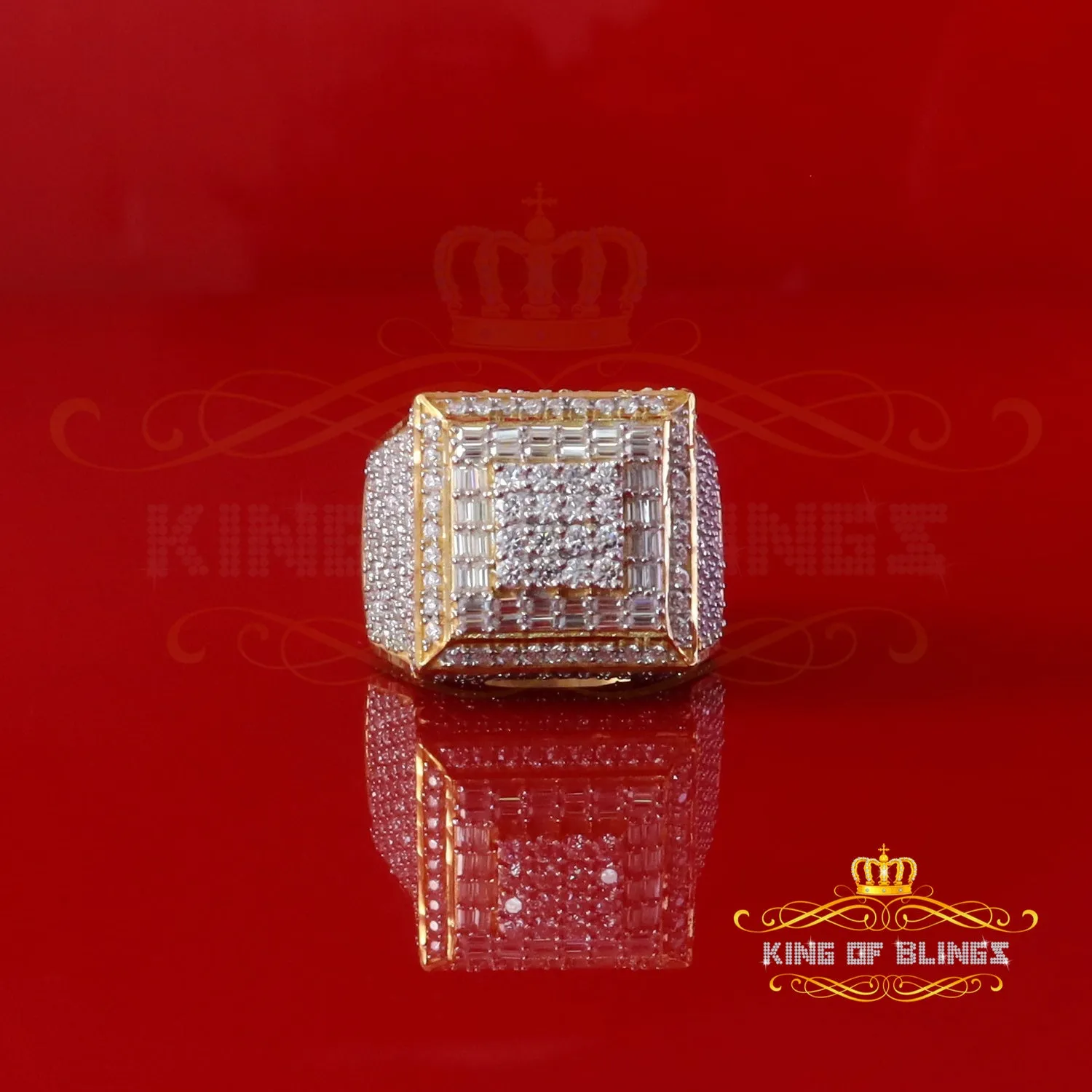 King of Bling's 925 Sterling Silver 4.50ct VVS 'D' Moissanite Yellow Square Rings Size 10 Men's