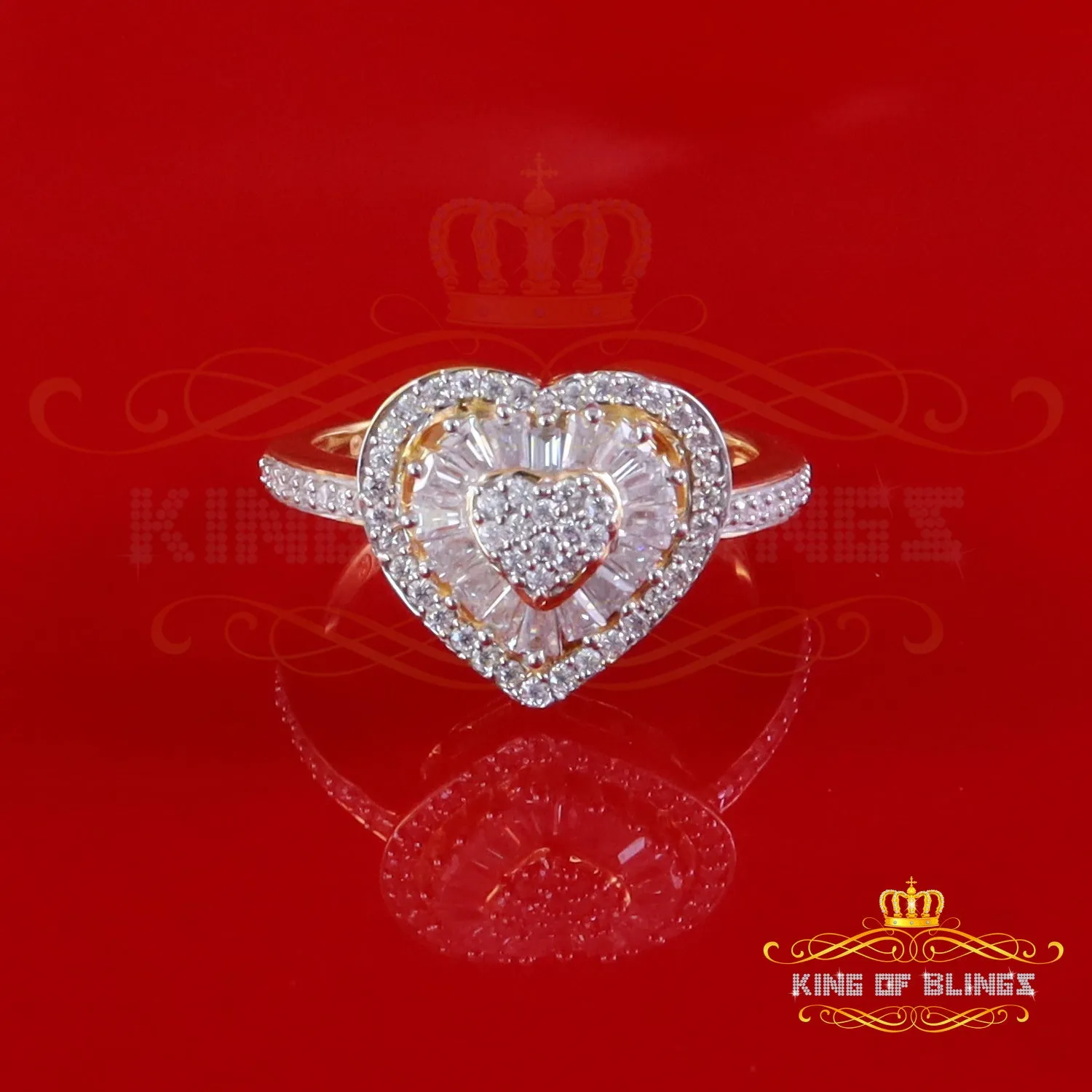 King of Bling's Women's 925 Yellow Silver 1.00ct VVS 'D' Baguette Moissanite Heart Ring Size 7