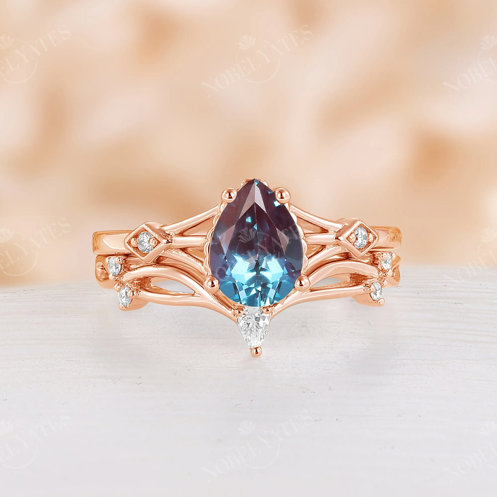 Lab Alexandrite Vintage Engagement Ring Set Split Band Rose Gold