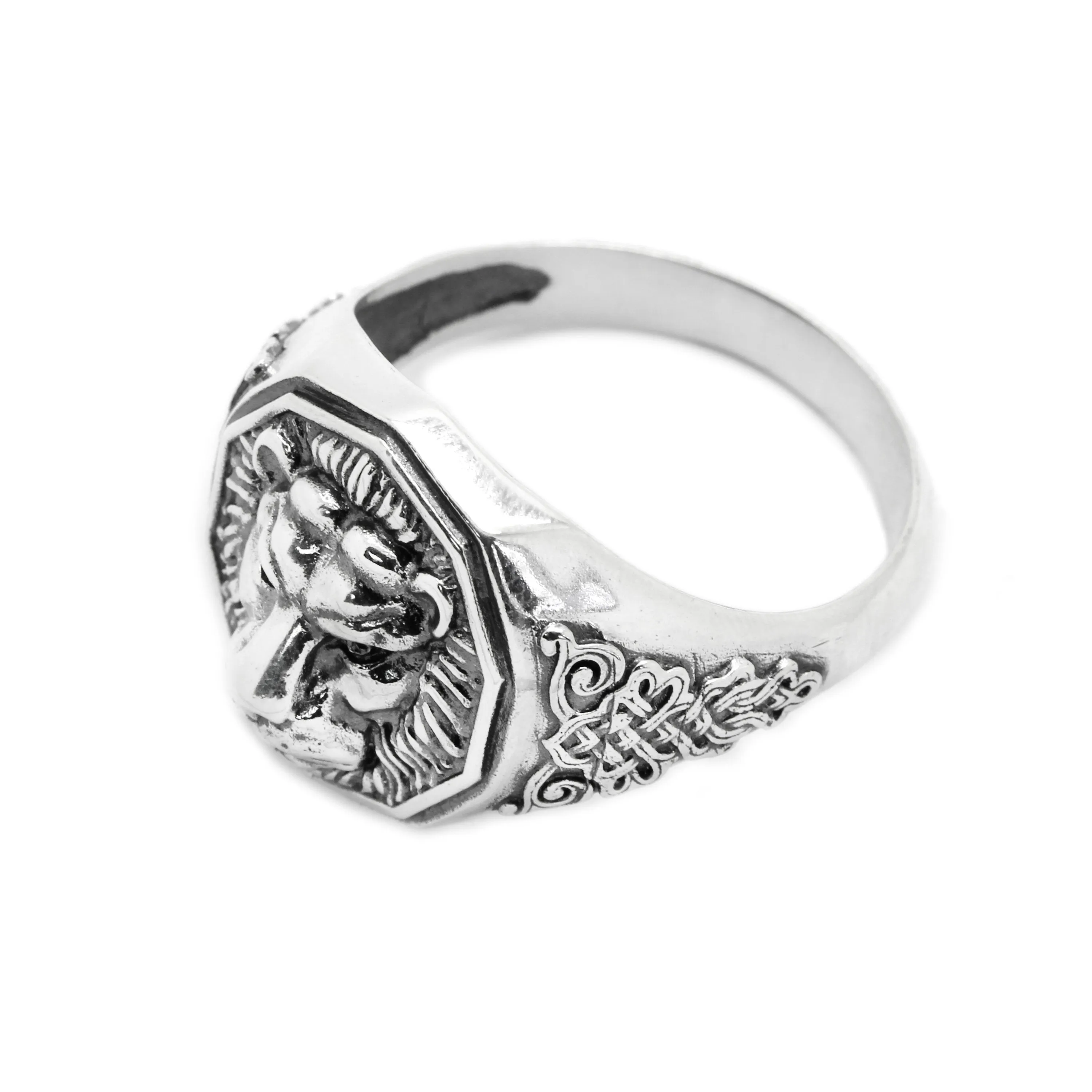 Lion Zodiac Celtic Ornament Men's Ring Sterling Silver 925