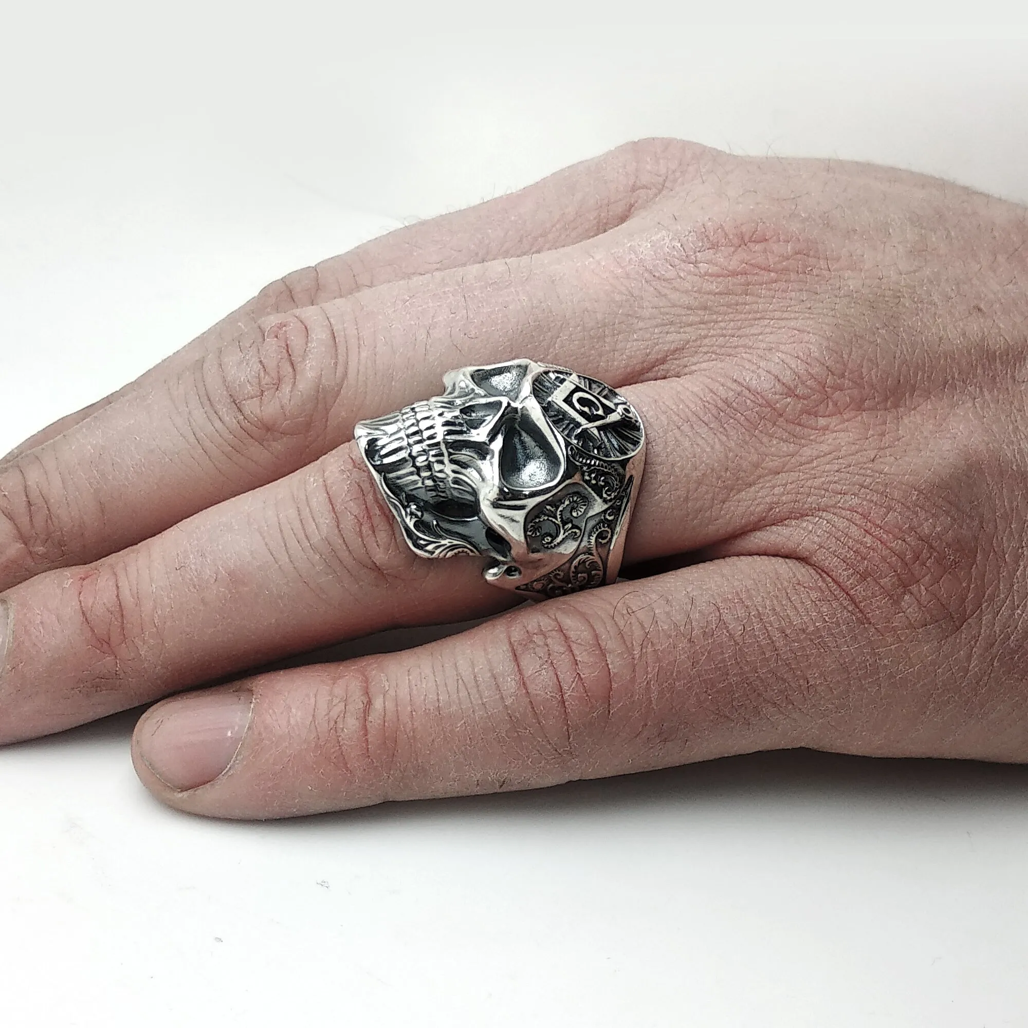 Masonic Skull Unisex Ring Silver 925 Great G Square and Compass