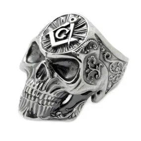 Masonic Skull Unisex Ring Silver 925 Great G Square and Compass