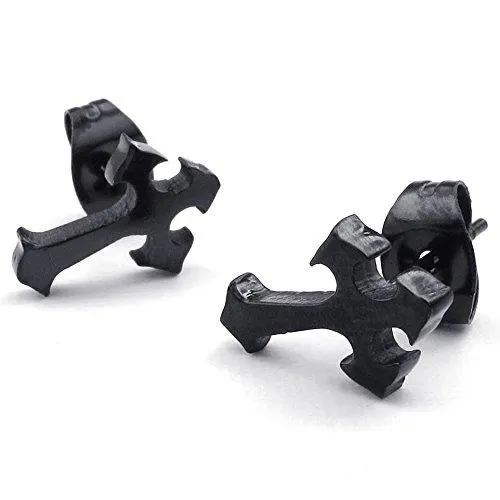 Men Stainless Steel Cross Stud Earrings, Black