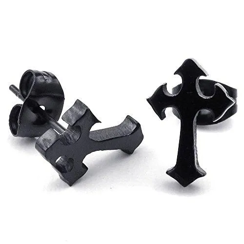 Men Stainless Steel Cross Stud Earrings, Black