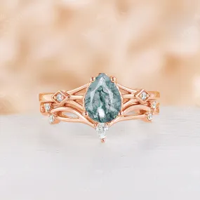 Moss Agate Vintage Bridal Set Split Band Matching Rose Gold Band