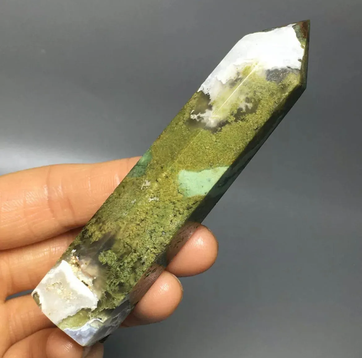 Natural moss agate gemstone Tower point wand