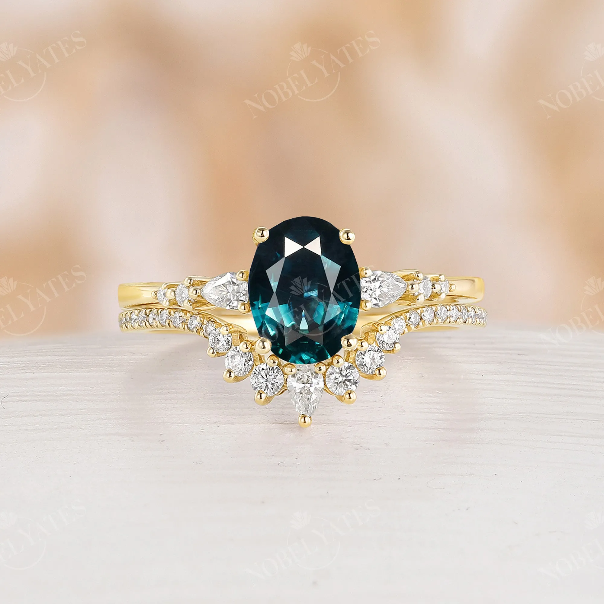 Natural Teal Sapphire Oval Rose Gold Bridal Set Curved Matching Band